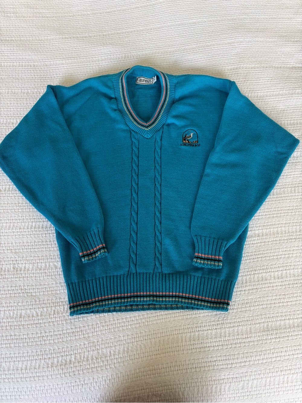 Vintage Aureus Sandpiper Bay Teal V-Neck Cable Knit Sweater
